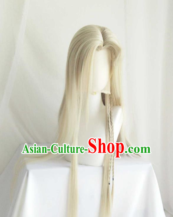 Handmade China Cosplay Swordsman Golden Wigs Traditional Puppet Show Immortal Hairpieces Ancient Young Childe Headdress