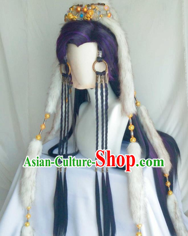 Handmade China Ancient Royal King Headdress Cosplay Swordsman Purple Wigs Traditional Puppet Show Prince Hairpieces