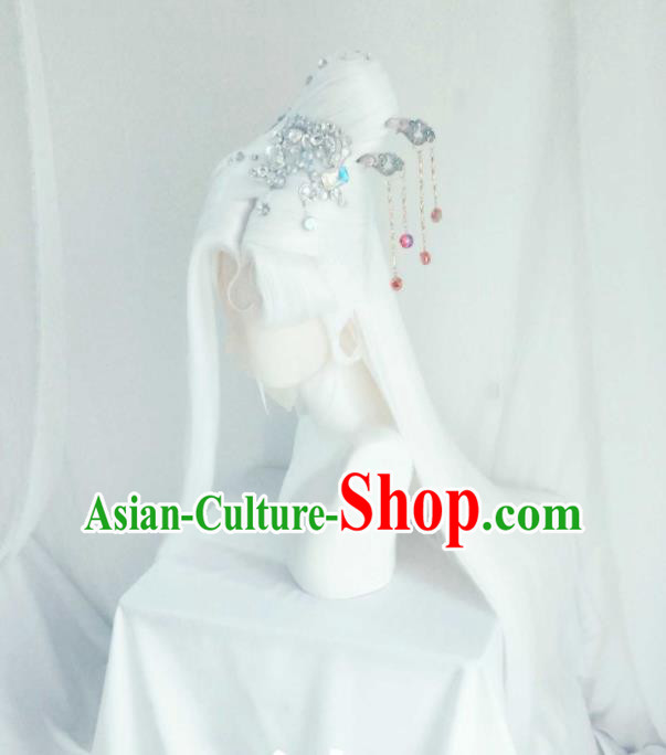 Chinese Cosplay Goddess Hair Accessories Ancient Empress White Wigs Headwear Traditional Puppet Show Ji Wuxia Hairpins Hairpieces