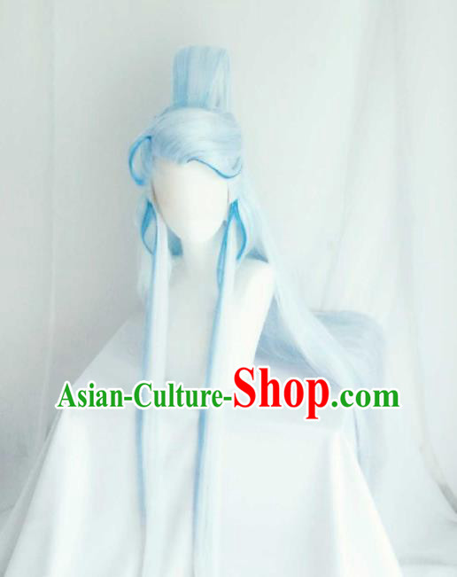 Handmade China Ancient Royal Prince Headdress Cosplay Noble Childe Light Blue Wigs and Hair Crown Traditional Puppet Show Taoist Priest Hairpieces