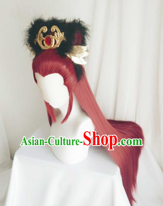 Handmade China Cosplay Childe Red Wigs and Hair Crown Traditional Puppet Show Gongsun Yue Hairpieces Ancient Royal Prince Headdress