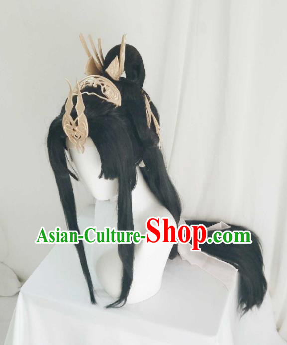 Chinese Traditional Fairy Princess Hairpieces Cosplay Swordswoman Hair Accessories Ancient Queen Black Wigs and Hair Crown Headwear