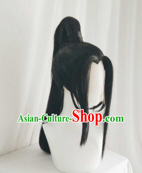 Handmade China Ancient Hero Headdress Cosplay Young Knight Black Wigs Traditional Qin Dynasty Swordsman Hairpieces