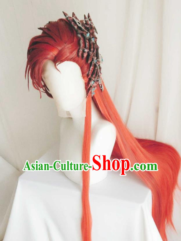 Handmade China Ancient Childe Headdress Cosplay Swordsman Red Wigs Traditional Puppet Show Demon Prince Hairpieces