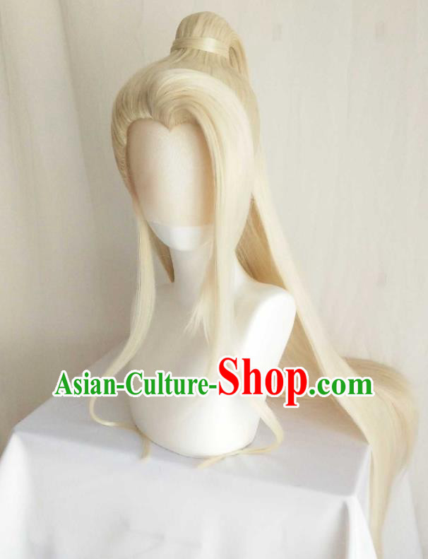 Handmade China Traditional Tang Dynasty Prince Hairpieces Ancient Childe Headdress Cosplay Swordsman Golden Wigs