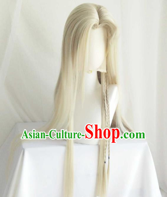 Handmade China Ancient Taoist Headdress Cosplay Swordsman Light Golden Wigs Traditional Puppet Show Childe Hairpieces
