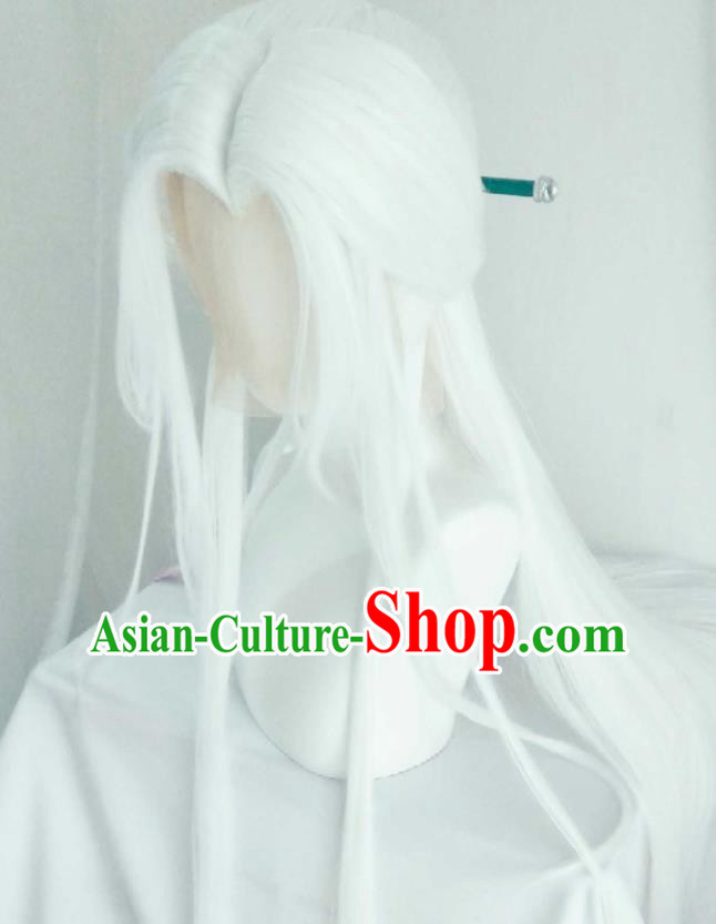 Handmade China Cosplay Swordsman White Wigs Traditional Puppet Show Su Huanzhen Hairpieces Ancient Taoist Priest Headdress