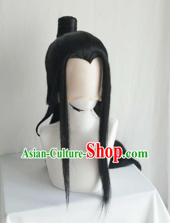 Handmade China Ancient Young Childe Headdress Cosplay Swordsman Black Wigs Traditional Puppet Show Scholar Hairpieces