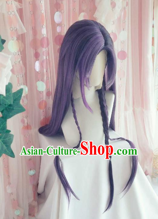 Handmade China Traditional Puppet Show Prince Hairpieces Ancient King Headdress Cosplay Swordsman Purple Wigs
