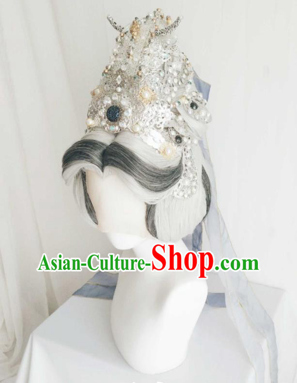 Chinese Ancient Goddess Grey Wigs Headwear Traditional Puppet Show Queen Hairpieces Cosplay Empress Hair Crown Hair Accessories