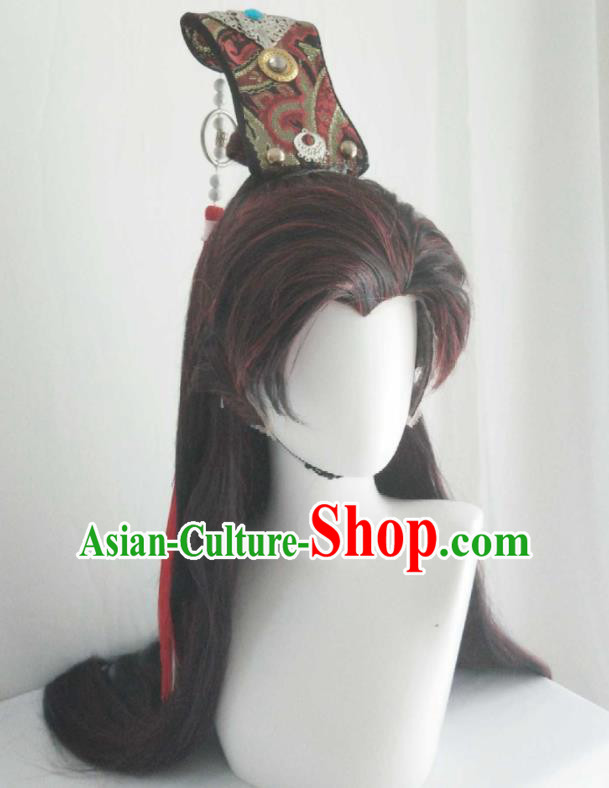 Handmade China Cosplay Swordsman Brown Wigs and Hair Crown Traditional Puppet Show Noble Childe Hairpieces Ancient Royal Prince Headdress