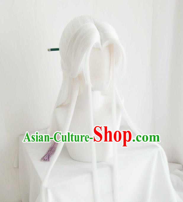 Handmade China Ancient Taoist Headdress Cosplay Swordsman White Wigs and Hair Crown Traditional Puppet Show Su Huanzhen Hairpieces