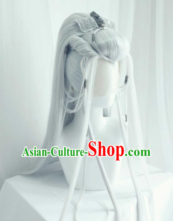 Handmade China Ancient Swordsman Headdress Cosplay Immortal Grey Wigs Traditional Puppet Show Taoist Priest Hairpieces