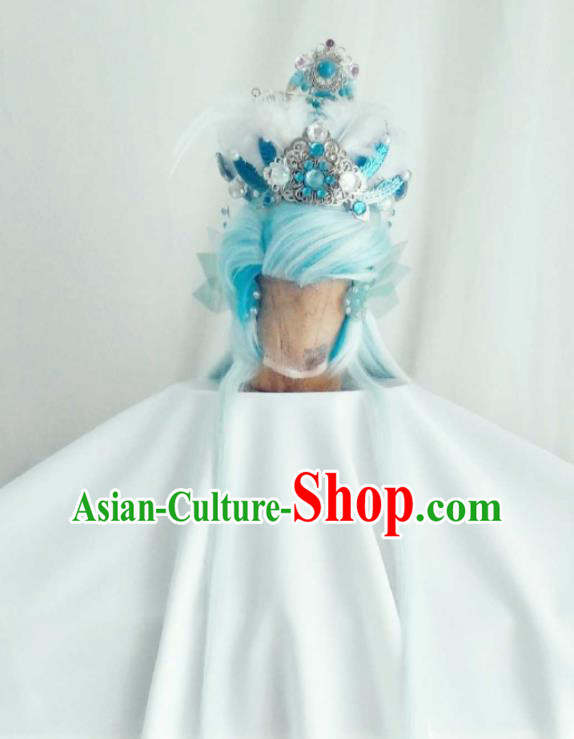 Handmade China Cosplay Taoist Priest Light Blue Wigs and Hair Crown Traditional Puppet Show Royal King Hairpieces Ancient Swordsman Headdress