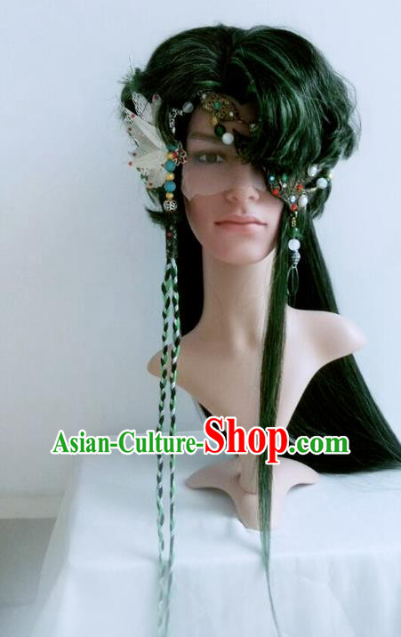 Handmade China Traditional Puppet Show Swordsman Hairpieces Ancient Demon Knight Headdress Cosplay Young Knight Green Wigs