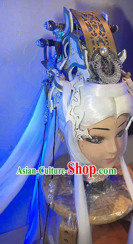 Handmade China Ancient Taoist Priest Headdress Cosplay Immortal White Wigs and Hair Crown Traditional Puppet Show Emperor Hairpieces