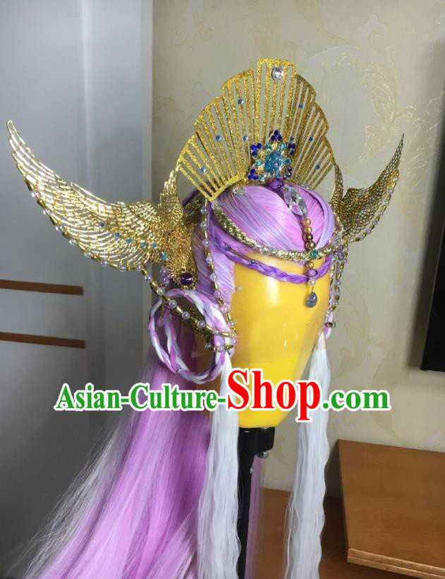Chinese Ancient Empress Lilac Wigs and Hair Crown Headwear Traditional Puppet Show Jiu Ying Hairpieces Cosplay Goddess Hair Accessories