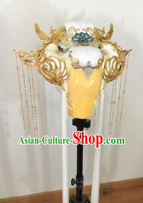 Chinese Cosplay Goddess Hair Accessories Ancient Queen White Wigs and Hair Crown Headwear Traditional Puppet Show Heaven Empress Hairpieces