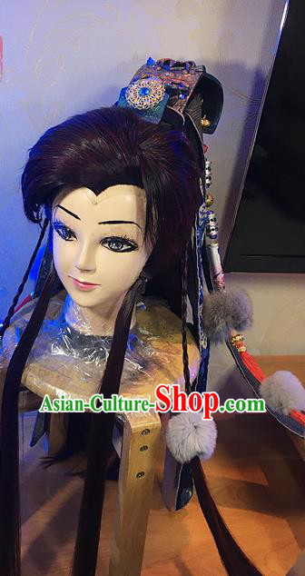Handmade China Cosplay Swordsman Black Wigs and Hair Crown Traditional Puppet Show Young Hero Hairpieces Ancient Wolf King Headdress