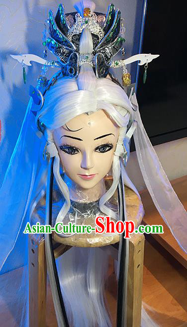 Handmade China Ancient Emperor Headdress Cosplay Swordsman White Wigs and Lotus Hair Crown Traditional Puppet Show Taoist Hairpieces