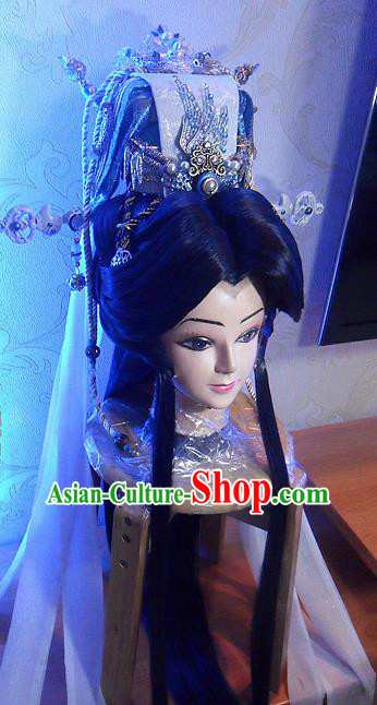Handmade China Traditional Puppet Show Monarch Hairpieces Ancient Emperor Headdress Cosplay Royal King Wigs and Hair Crown