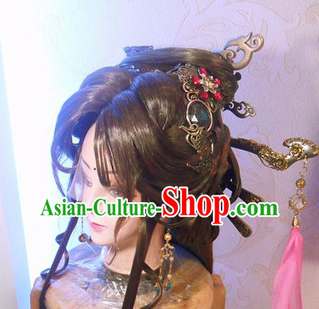 Chinese Cosplay Swordswoman Hair Accessories Ancient Queen Brown Wigs and Hairpins Headwear Traditional Puppet Show Cui Luohan Hairpieces