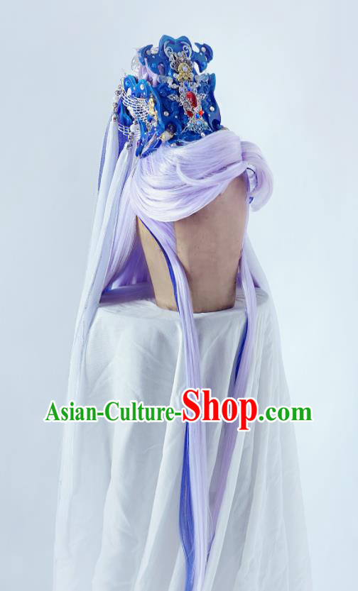 Handmade China Cosplay Swordsman Lilac Wigs and Blue Hair Crown Traditional Puppet Show Murong Ning Hairpieces Ancient Royal Prince Headdress