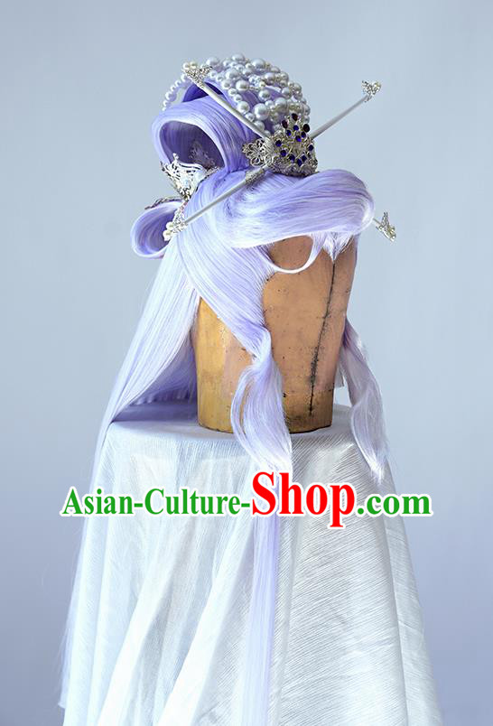Handmade China Ancient Chivalrous Male Headdress Cosplay Swordsman Lilac Wigs and Hair Crown Traditional Puppet Show King Hairpieces