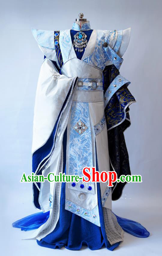 Custom China Ancient Royal Highness Garment Costumes Cosplay Swordsman Blue Outfits Puppet Show Murong Ning Clothing