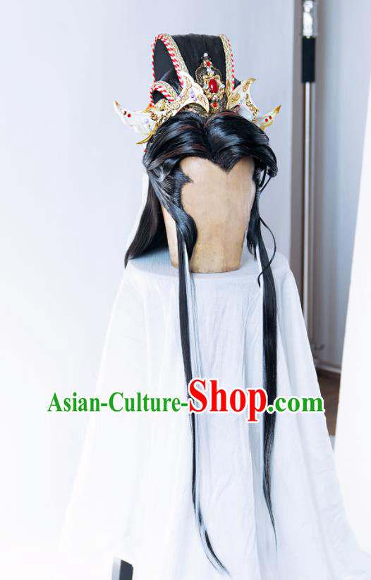 Handmade China Cosplay Royal Prince Wigs and Hair Crown Traditional Puppet Show Mo Lisao Hairpieces Ancient Chivalrous Male Headdress