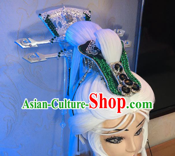 Handmade China Ancient Taoist Master Headdress Cosplay Swordsman White Wigs and Hair Crown Traditional Puppet Show King Hairpieces