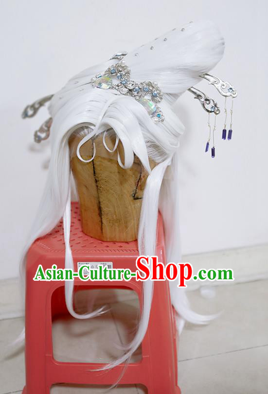 Chinese Traditional Puppet Show Ji Wuxia Hairpieces Cosplay Goddess Queen Hair Accessories Ancient Female Swordsman White Wigs and Hairpins Headwear