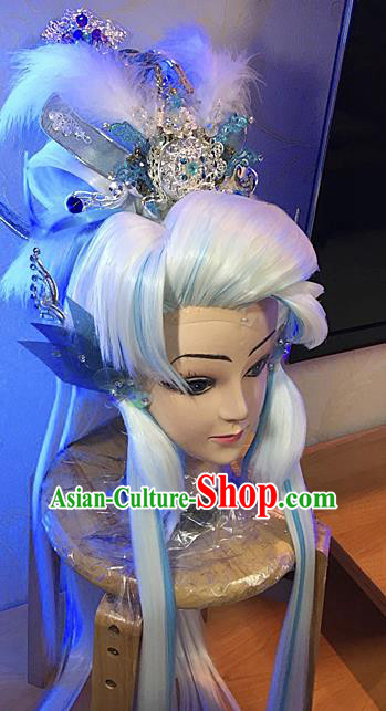 Handmade China Traditional Puppet Show Patriarch Hairpieces Ancient Taoist Master Headdress Cosplay Swordsman White Wigs and Hair Crown