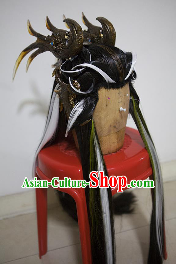 Handmade China Cosplay Knight Wigs and Hair Crown Traditional Puppet Show Chivalrous Male Hairpieces Ancient Swordsman Headdress