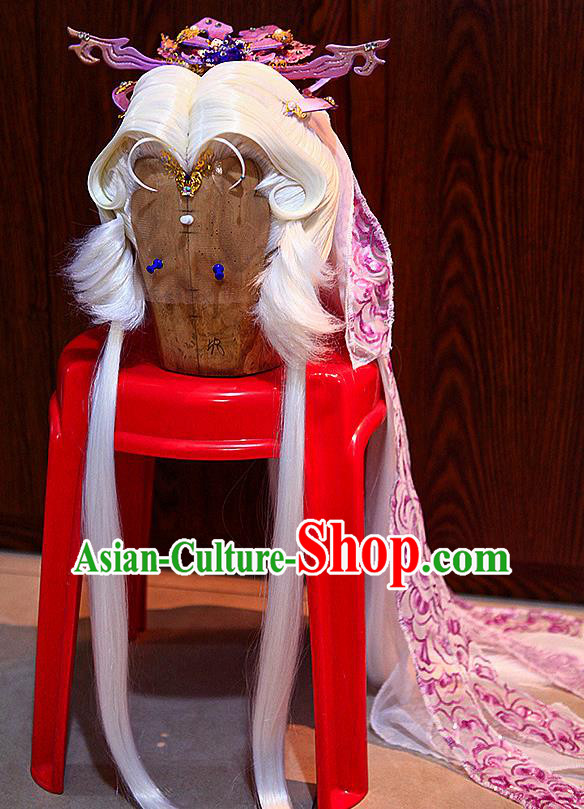 Handmade China Traditional Puppet Show Chivalrous Man Su Huanzhen Hairpieces Ancient Swordsman Headdress Cosplay Taoist White Wigs and Hair Crown