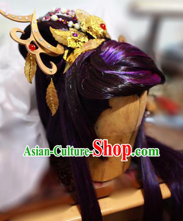 Handmade China Traditional Puppet Show Swordsman Hairpieces Ancient Royal Prince Headdress Cosplay Demon King Purple Wigs and Hair Crown