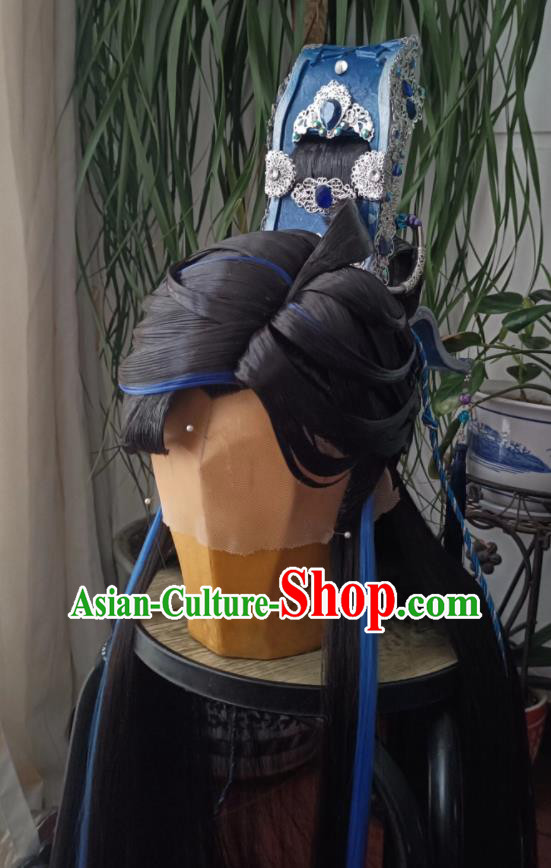 Handmade China Ancient Royal Prince Headdress Cosplay Young Hero Wigs and Hair Crown Traditional Puppet Show Swordsman Hairpieces