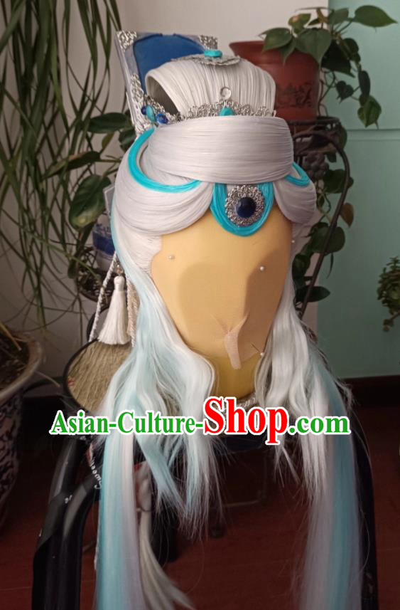 Handmade China Traditional Puppet Show Swordsman Hairpieces Ancient Elderly Hero Headdress Cosplay Taoist Priest Gray Wigs