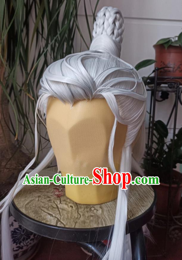 Handmade China Ancient Elderly Hero Headdress Cosplay Taoist Priest Gray Wigs Traditional Puppet Show Swordsman Hairpieces
