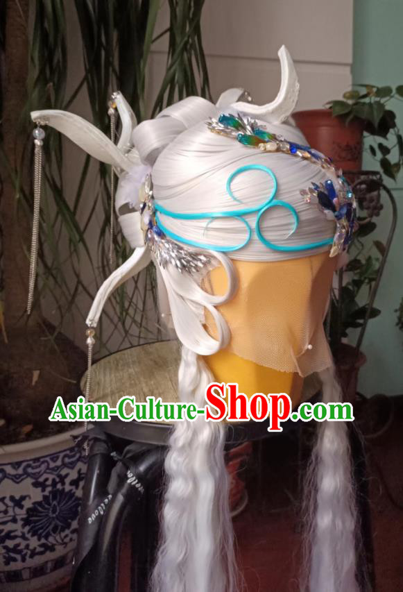 Chinese Cosplay Fairy Queen Hair Accessories Ancient Goddess White Wigs Headwear Traditional Puppet Show Jun Haitang Hairpieces