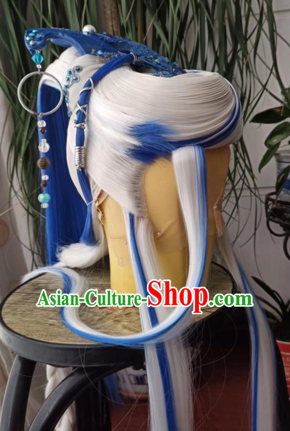 Handmade China Cosplay Heaven King Wigs and Hair Crown Traditional Puppet Show Swordsman Hairpieces Ancient Taoist Priest Headdress
