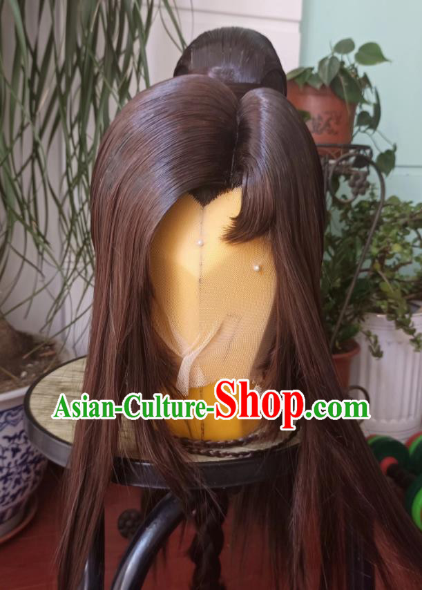 Handmade China Cosplay Swordsman Brown Wigs Traditional Puppet Show Young Hero Hairpieces Ancient Chivalrous Knight Headdress
