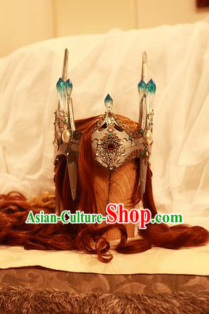 Handmade China Cosplay Demon King Red Wigs and Hair Crown Traditional Puppet Show General Hairpieces Ancient Royal Prince Headdress