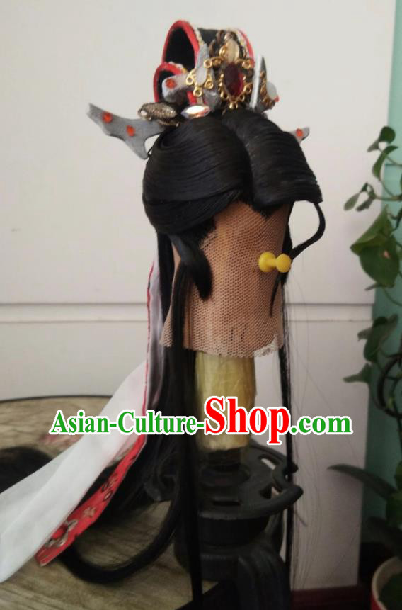 Handmade China Cosplay Swordsman Black Wigs and Hairdo Crown Traditional Puppet Show Mo Lisao Hairpieces Ancient Royal Prince Headdress
