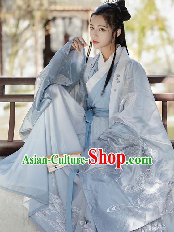 China Jin Dynasty Noble Childe Historical Clothing Traditional Embroidered Blue Hanfu Apparels Ancient Swordsman Garment Costumes