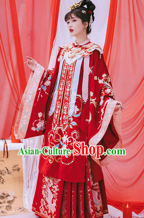 China Ancient Royal Princess Garment Costumes Ming Dynasty Young Woman Historical Clothing Traditional Embroidered Wedding Red Hanfu Dress Apparels