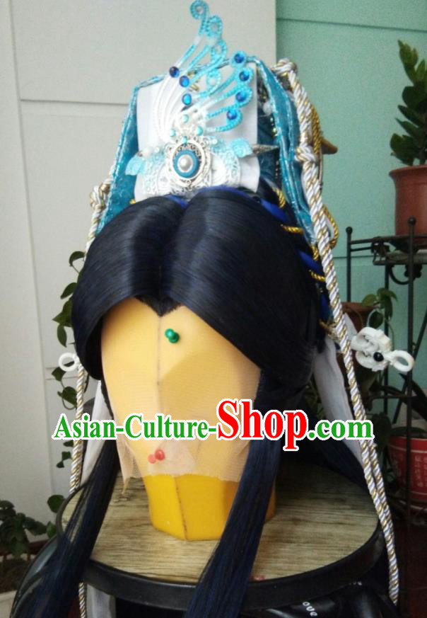 Chinese Puppet Show Emperor Headdress Traditional Handmade Cosplay Taoist Priest Wigs and Hair Crown Hairpieces Ancient Swordsman Periwig Hair Accessories
