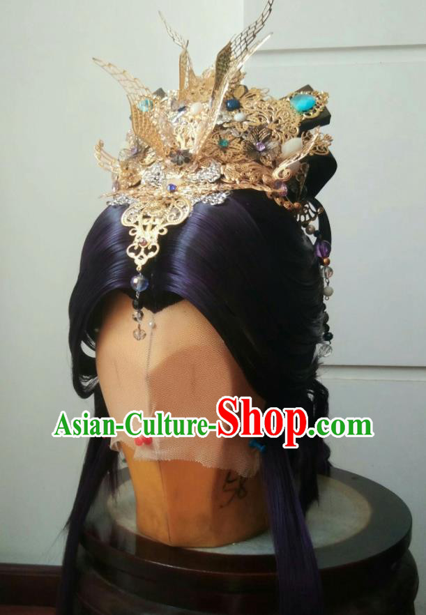 Chinese Traditional Handmade Cosplay Prince Wigs and Hair Crown Hairpieces Ancient Swordsman Periwig Hair Accessories Puppet Show General Headdress