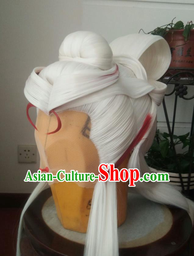 Chinese Ancient Taoist Priest Periwig Hair Accessories Puppet Show Elderly Swordsman Headdress Traditional Handmade Cosplay Warrior White Wigs Hairpieces