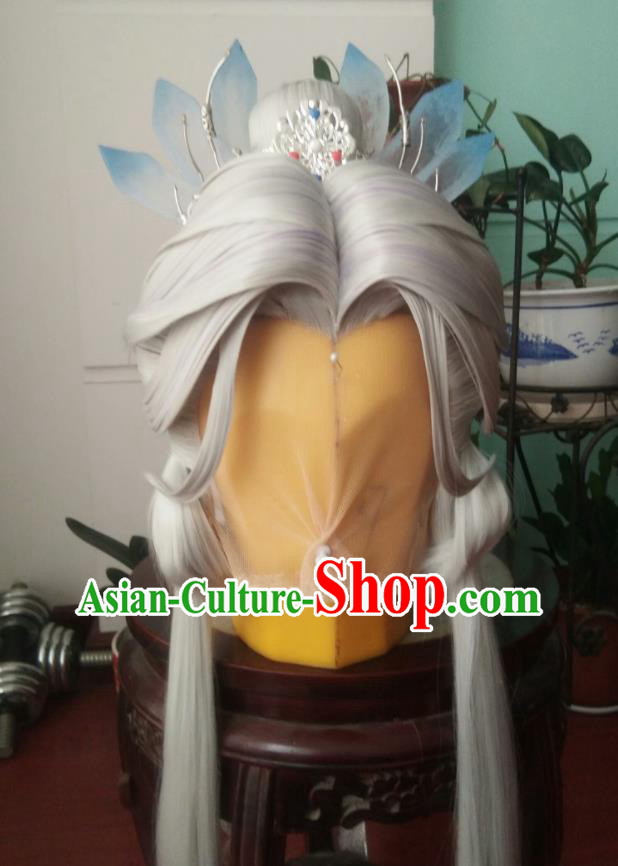 Chinese Traditional Handmade Cosplay Swordsman Gray Wigs Hairpieces Ancient Taoist Priest Periwig Hair Accessories Puppet Show Ren Piaomiao Headdress